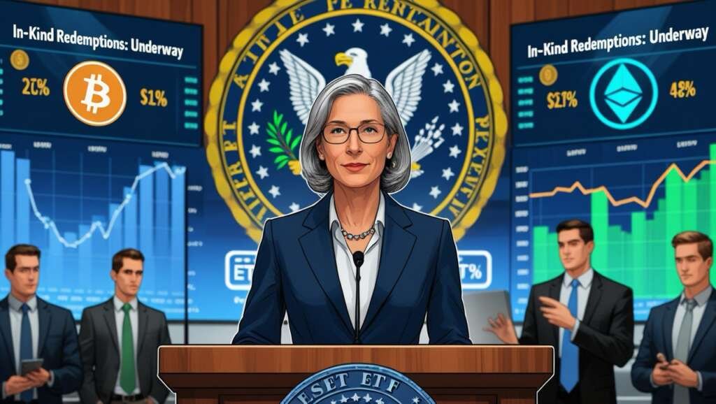 Hester Peirce says the SEC is considering in-kind redemptions for Bitcoin ETFs.