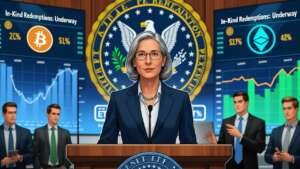 Hester Peirce says the SEC is considering in-kind redemptions for Bitcoin ETFs.